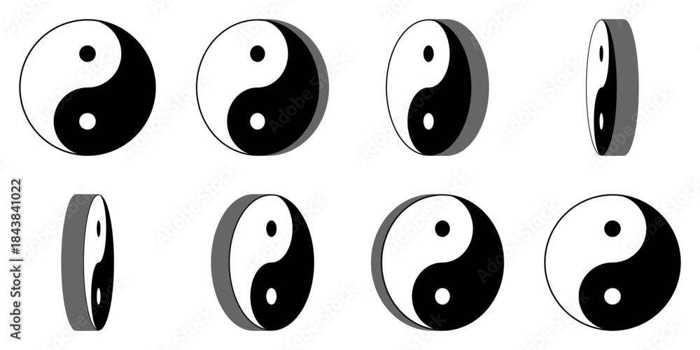 Fototapeta premium 8 Frame 3D Style Sprite Sheet of Rotating Round Yin and Yang or Yin-Yang Chinese Philosophy Symbol Sign Icon for Game or App Animation. Vector Image.