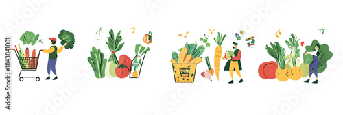 Person shopping fresh vegetables in cart and basket with various grocery items including broccoli, carrots, tomatoes, peppers, leafy greens and herbs in flat minimalist vector style illustration