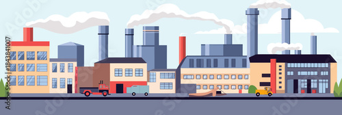 Industrial factory buildings with chimneys emitting smoke in flat minimalist vector style illustrating manufacturing plant landscape with delivery trucks and clear sky background