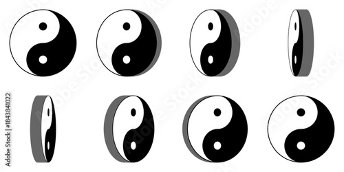 8 Frame 3D Style Sprite Sheet of Rotating Round Yin and Yang or Yin-Yang Chinese Philosophy Symbol Sign Icon for Game or App Animation. Vector Image.