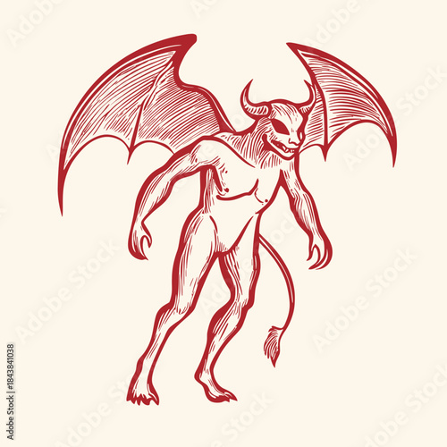 Hand drawn devil illustration with bat wings, horned demon figure with tail and claws in vintage sketch style, mystical creature design vector art
