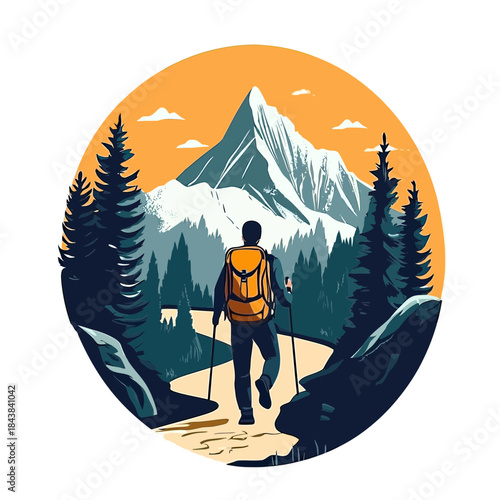 Backpacker hiking mountain trail with trekking poles through forest path at sunset in flat minimalist vector style nature exploration adventure illustration