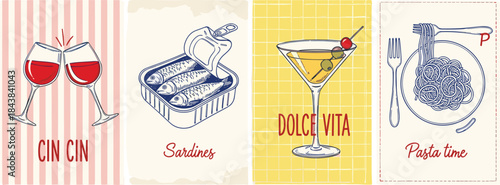 Italian food illustration set, wine, sardines, cocktail, pasta, dolce vita, cuisine art, vibrant layout, Mediterranean flavor, lifestyle design