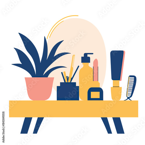 Minimalist flat vector illustration of vanity table with cosmetic products, makeup brushes, lipstick, comb, lotion bottle, and potted plant on yellow table surface with mirror background