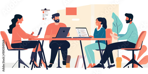 Four business people collaborating on laptops and tablets in office meeting room teamwork discussion concept flat vector illustration