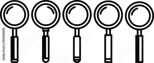 Five magnifying glasses in a row