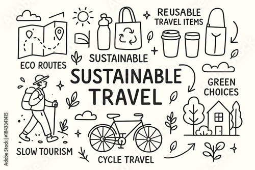 Sustainable Travel Doodle Set – Eco Tourism, Green Choices, Slow Travel Icons