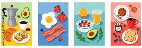 Breakfast panel illustration, coffee, toast, bacon, cereal, juice, cookie, jam, avocado, berries, croissant, morning food, colorful layout