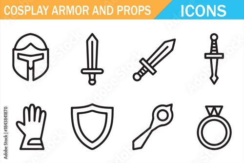 Fantasy Weapon and Armor Icons in Minimal Line Style