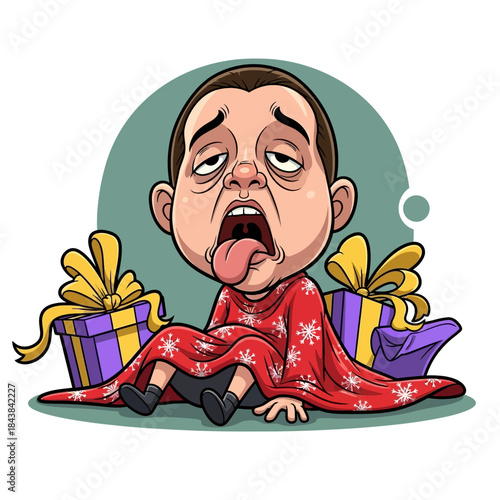 Exhausted christmas character overwhelmed by gifts cartoon illustration tired holiday season fatigue funny seasonal burnout after party celebration