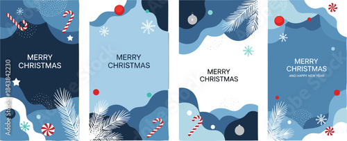 Christmas greeting card set, ornaments, candy canes, snowflakes, pine branches, festive design, holiday wishes, winter decor, abstract background, celebration