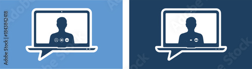 Two laptops with silhouettes on screen in light and dark blue colors side by side on colored background