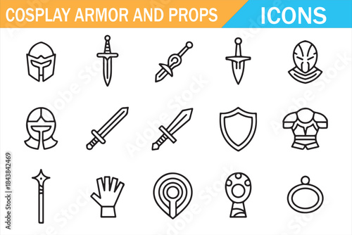 Cosplay Equipment Line Icons for Gaming and UI Design
