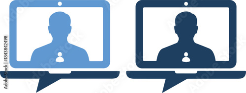 Two laptops with silhouettes on screen in light and dark blue colors side by side on blue background in different shades