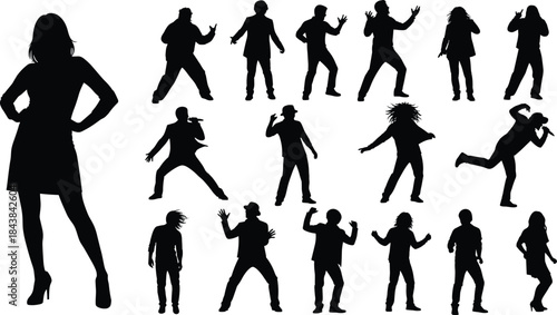 Dynamic collection of expressive performer silhouettes featuring dancing, singing, and energetic stage movement, ideal for creative vector illustration, 