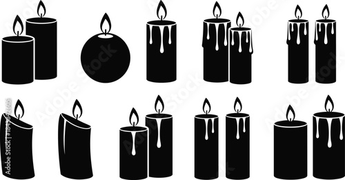 Black Silhouette Vector Icons of Different Styles of Burning Candles with Dripping Wax, Symbolizing Light, Relaxation, Spa, and Ambiance.