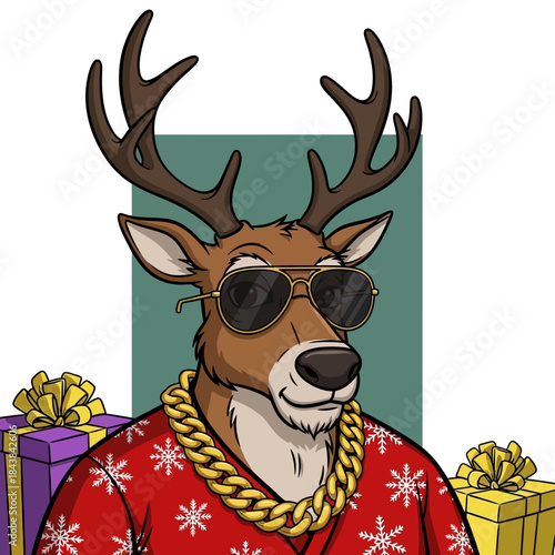 Cool reindeer wearing sunglasses and gold chain in christmas sweater with gifts funny holiday cartoon character avatar design illustration
