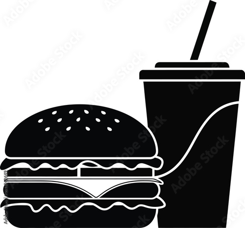 A simple black and white illustration of a burger and a drink with straw