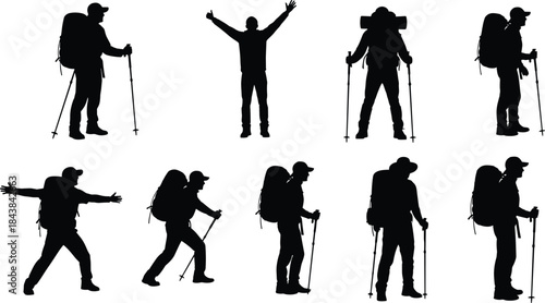 Dynamic Collection of Hikers with Backpacks and Walking Poles for Adventure, Travel, and Outdoor Lifestyle Graphics