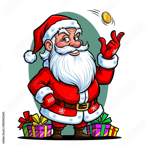 Santa claus tossing gold coin cartoon character christmas holiday finance luck wealth giving presents festive season magic tradition giving