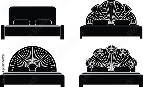 Black Silhouette Vector Icons of Beds with Modern and Art Deco Style Headboards, Representing Home Interior Design, Bedroom Furniture, and Sleeping Comfort.