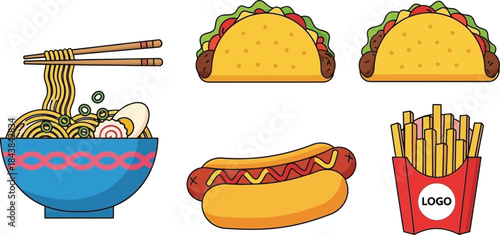 A colorful illustration showcasing various fast food items like tacos ramen hotdogs and fries