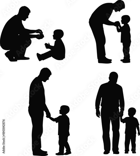 Black Silhouette Vector Icons of a Father Interacting with his Small Son or Child, Illustrating Parenting, Family Moments, Love, and Paternal Care.