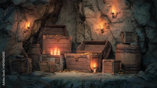 Wallpaper Mural Treasure chests overflowing with gold coins and candles glowing warmly in a rocky cave setting, showcasing a fantasy or adventure concept Torontodigital.ca