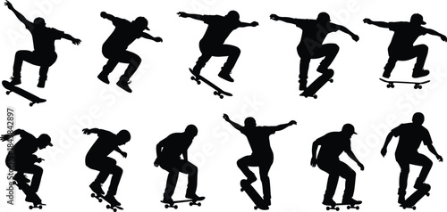 Dynamic Collection of Skateboard Jumps, Tricks, and Action Poses for Extreme Sports and Active Youth Lifestyle Design Content