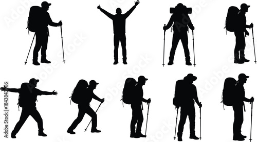 Dynamic Collection of Trekkers with Backpacks and Poles for Outdoor Adventure, Travel, and Nature Lifestyle Graphics