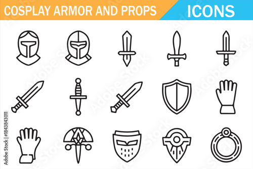 Cosplay Props and Armor Outline Symbols Isolated on White