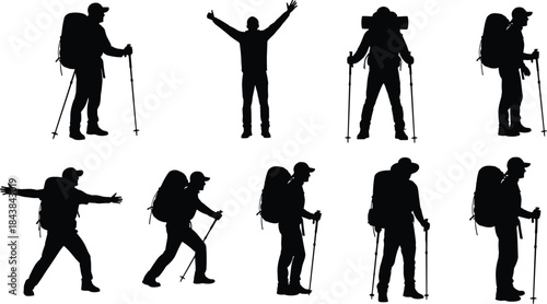 Dynamic Collection of Trekkers with Backpacks and Poles for Outdoor Adventure, Travel, and Nature Lifestyle Graphics