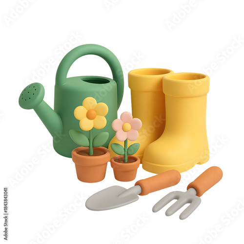 Gardening tools and accessories isolated on transparent background