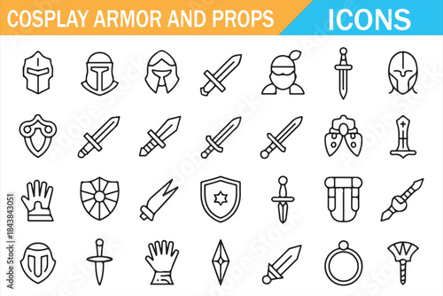 Cosplay Armor and Fantasy Props Outline Icons Set