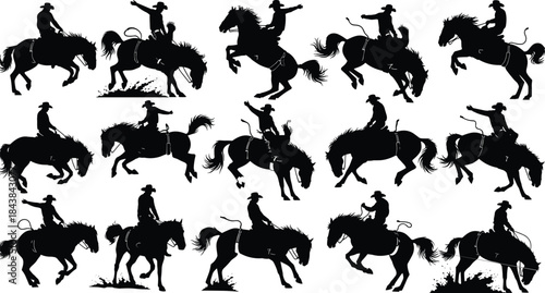 Dynamic cowboy rodeo silhouette collection featuring bucking horses, energetic riding action, western ranch culture, and dramatic wild horse 