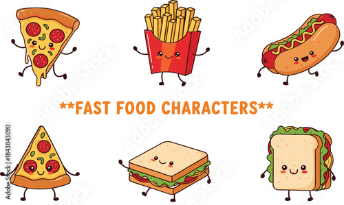  Set of Six Happy Kawaii Fast Food Cartoon Characters Including Pizza Slices, French Fries, Hot Dog, and Two Sandwiches Vector Illustration Collection.