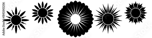 Set of abstract black sun icons featuring modern sunburst and solar shapes isolated on white background suitable for logo design branding tattoo inspiration and decorative graphics.