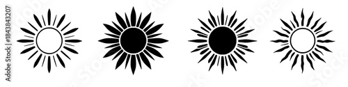Collection of hand drawn black sunburst icons with organic irregular rays isolated on white background ideal for boho branding tattoo design logos and decorative graphics.