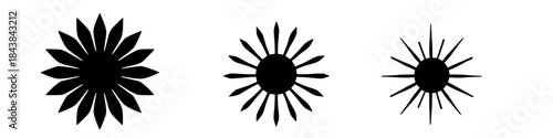 Set of minimal black sunburst icons with bold simple rays isolated on white background suitable for modern logos branding prints and decorative graphic design.