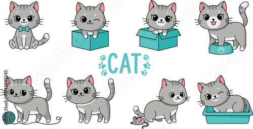  Set of Eight Adorable Grey Tabby Kitten Cartoon Characters in Various Poses Playing with Yarn, Sitting in a Box, and Using a Litter Box Vector Illustration.