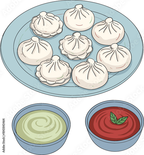 Authentic Steamed Nepalese and Tibetan Momos Served on a Plate with Spicy Red Chutney and Refreshing Green Dipping Sauce Vector Illustration
