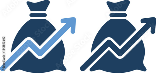 Two navy blue money bags with white and light blue arrows on isolated white background