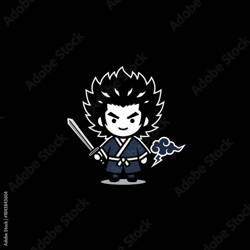 Cute Chibi Samurai Warrior with Sword and Cloud Icon.