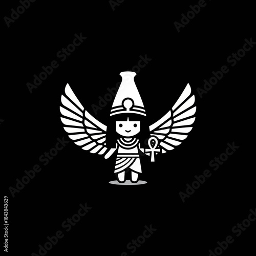 Cute Cartoon Egyptian Goddess Isis with Wings and Ankh Symbol.