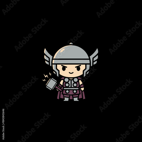 Cute Cartoon Thor Character with Hammer and Helmet.