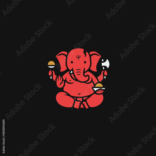 Cute Red Ganesha Sitting with Food and Axe.