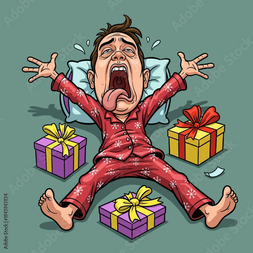 Man screaming in bed wearing christmas pajamas surrounded by presents exhausted after holiday excitement or waking up suddenly cartoon illustration