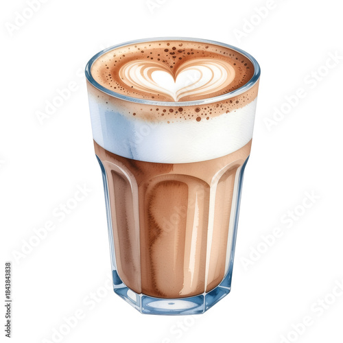 Latte Art Perfection: A delightful watercolor illustration of a latte, showcasing a heart-shaped design crafted from milk foam. The elegant glass reveals layers of rich coffee and creamy textures.