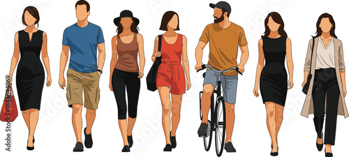 Urban fashion silhouettes, diverse people poses, walking and standing figures, casual outfits, white background, street style, posture reference, lifestyle illustration