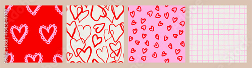 Cute romantic red and pink love heart seamless pattern background print set. Valentine's Day holiday illustration background texture, romantic wedding design collection.
